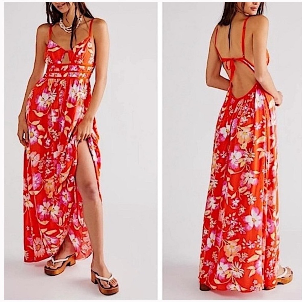 Free People Wisteria‎ Maxi Dress Orange Floral Cutout Open Back Pop Combo